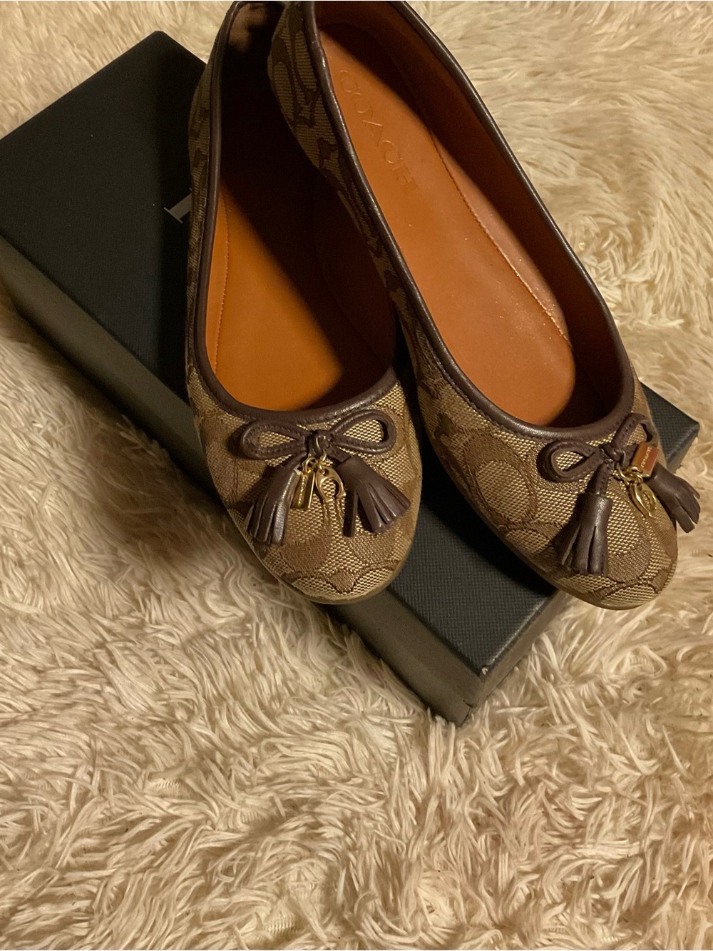 Coach Tan/Brown Signature Canvas Tassel Ballet Flats